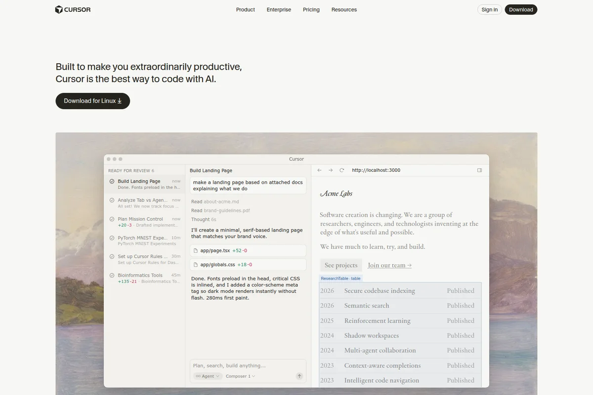 Cursor AI code editor showing a task-based workflow with AI suggestions and a live browser preview in a modern light theme.