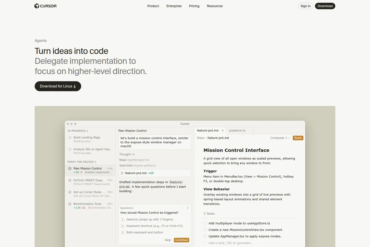 Cursor AI code editor showing the Mission Control feature for planning and implementing code with an AI assistant in a clean light theme.