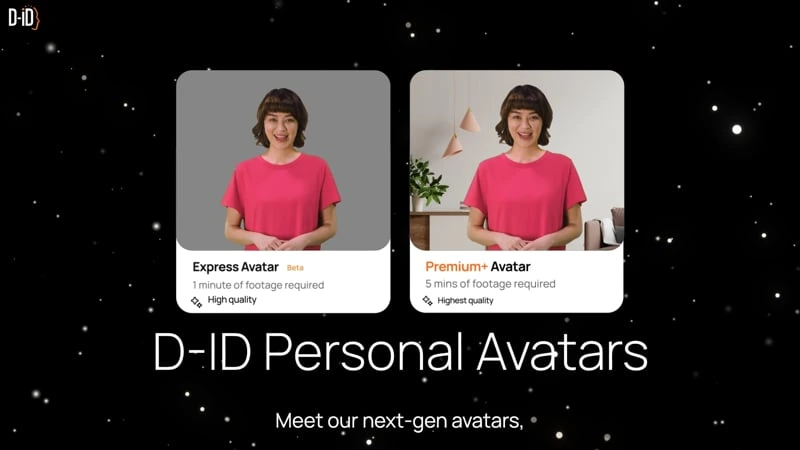 D-ID output samples showing Express and Premium+ personal AI avatars with a dark starry background.