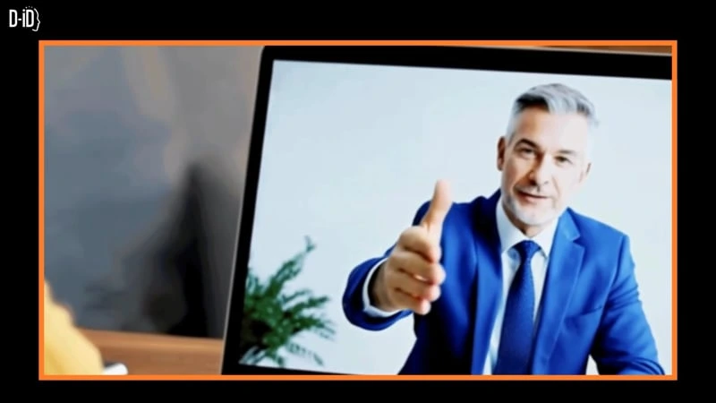 D-ID output sample showing a realistic digital avatar reaching out with a professional and engaging presence.