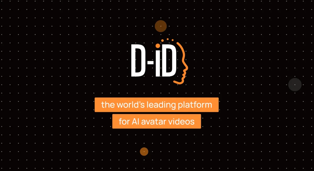D-ID landing-hero showcasing brand logo and key value proposition for AI avatar videos on a dark-themed graphic background.