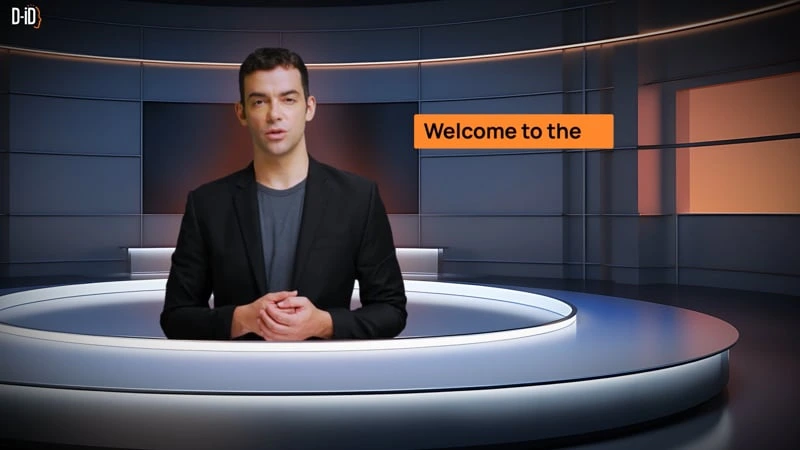 D-ID output sample showing an AI-generated digital presenter in a modern virtual news studio with a sleek interface.
