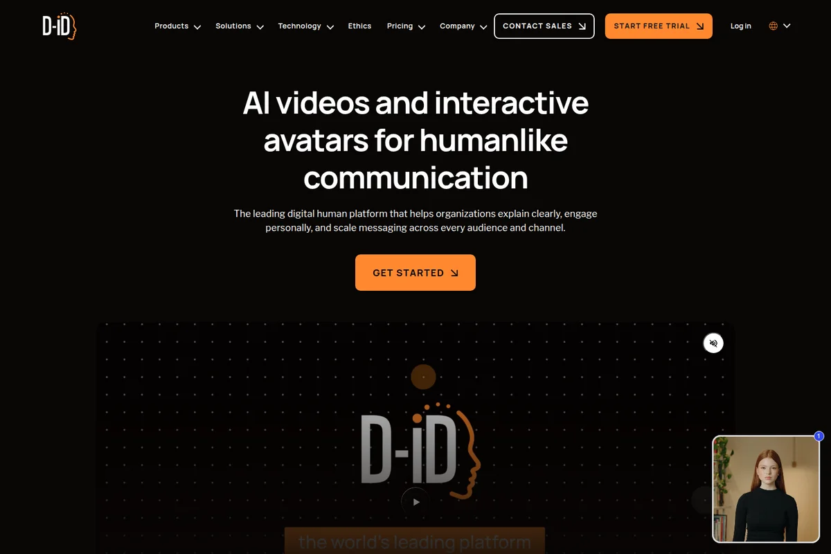 D-ID landing hero showing AI videos and interactive avatars with a dark-themed interface.