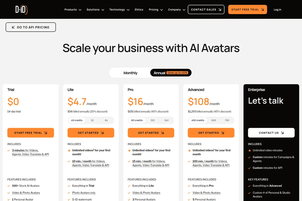 D-ID AI avatar platform pricing page displaying detailed subscription plans, including Trial, Lite, Pro, Advanced, and Enterprise tiers with a clear annual/monthly billing toggle.
