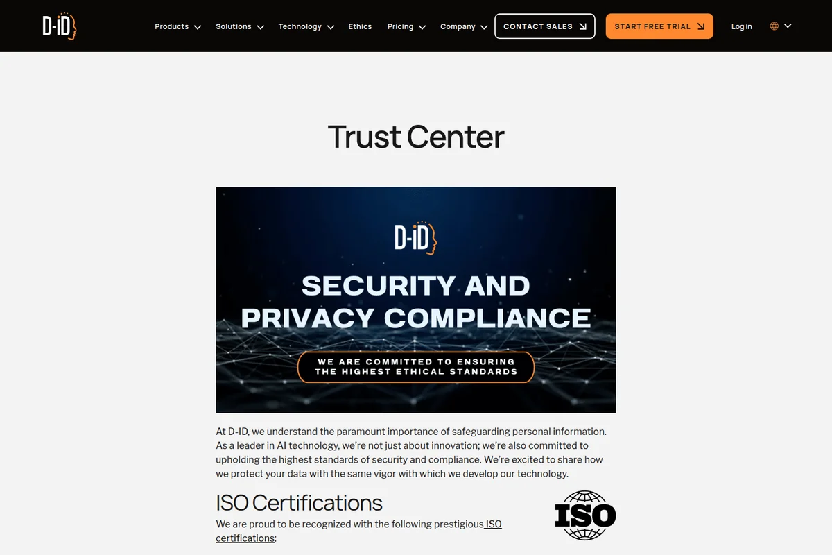 D-ID Trust Center page showcasing security and privacy compliance with a dark, network-themed banner.