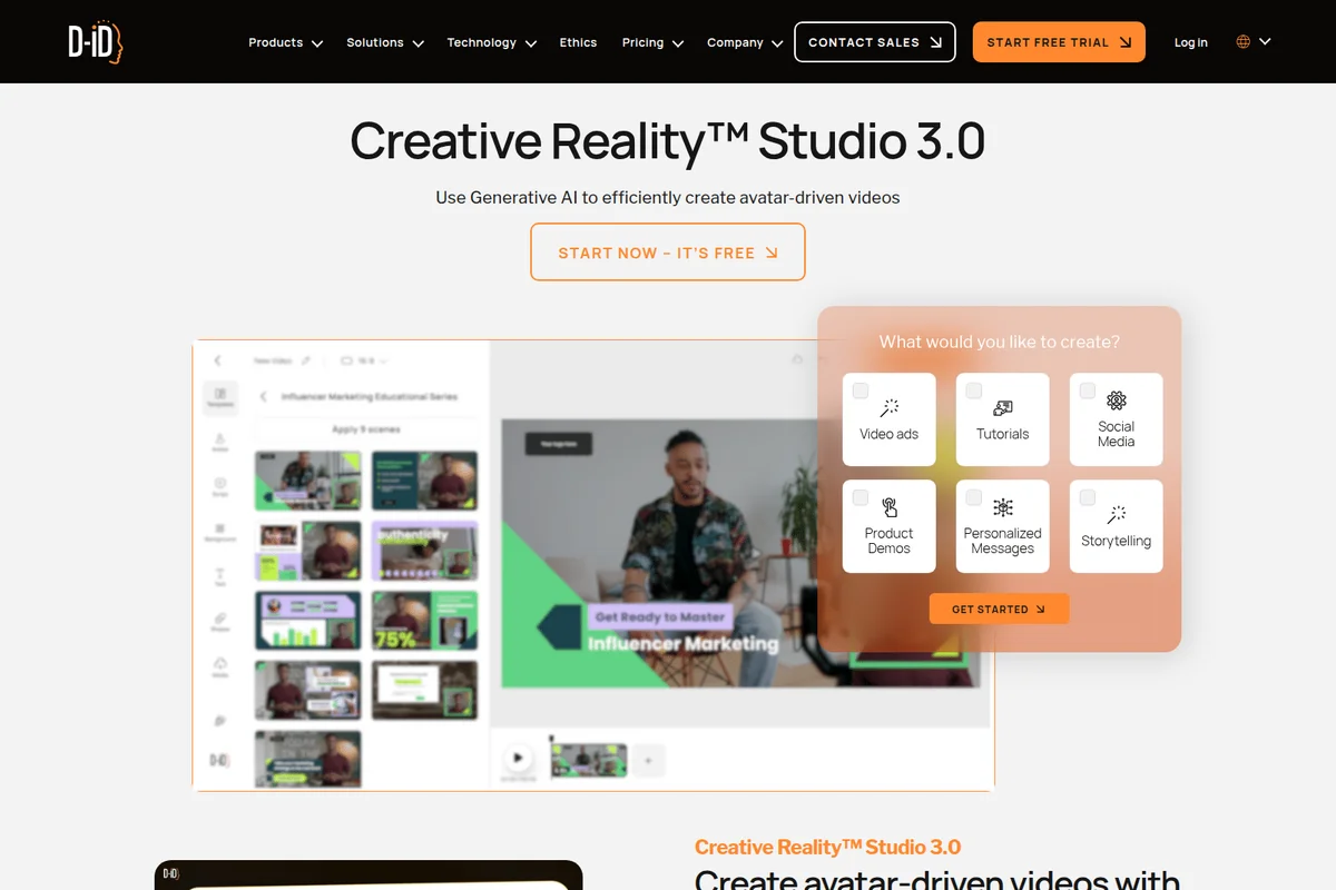 D-ID Creative Reality Studio workspace showing an AI-powered video editor with a content creation modal overlay.