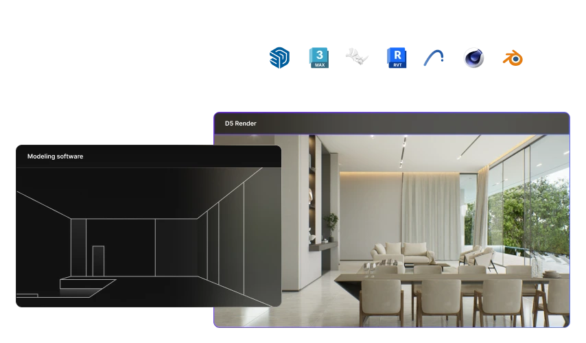 D5 Render output sample displaying a photorealistic interior scene rendered from a 3D wireframe model shown in a companion modeling software.