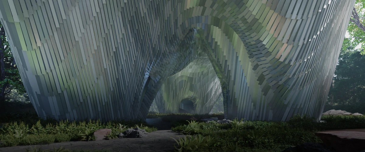 D5 Render output sample showing a dynamically rendered architectural structure in a natural forest environment with photorealistic quality.