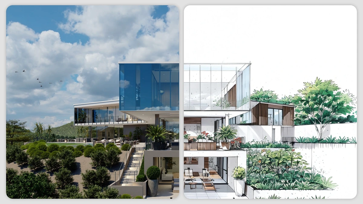 D5 Render architectural visualization output showcasing a modern house design in a split view contrasting detailed sketch and photorealistic render.