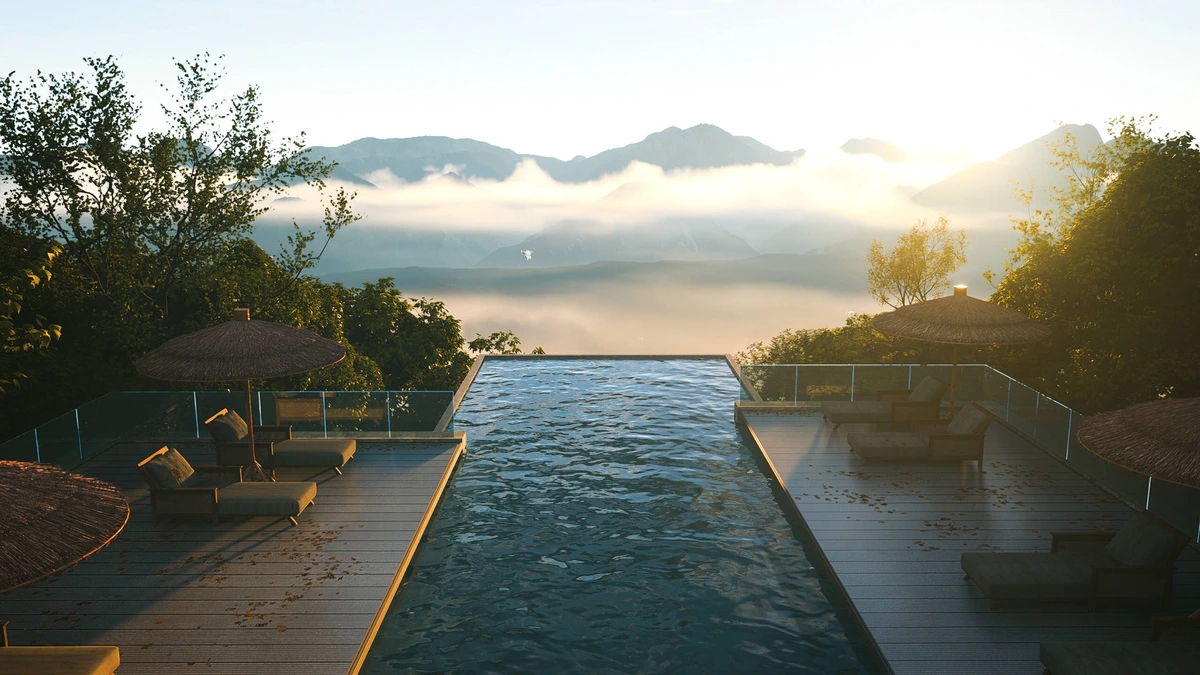 d5-render output-sample showing a photorealistic architectural render of an infinity pool with a misty mountain view at sunrise.
