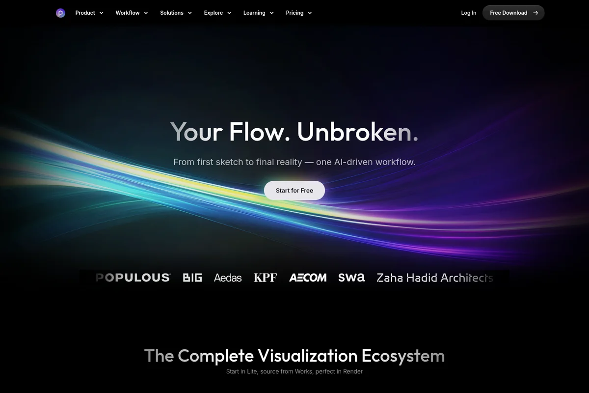 d5-render landing hero showcasing an AI-driven visualization workflow with a dark, dynamic graphic background.