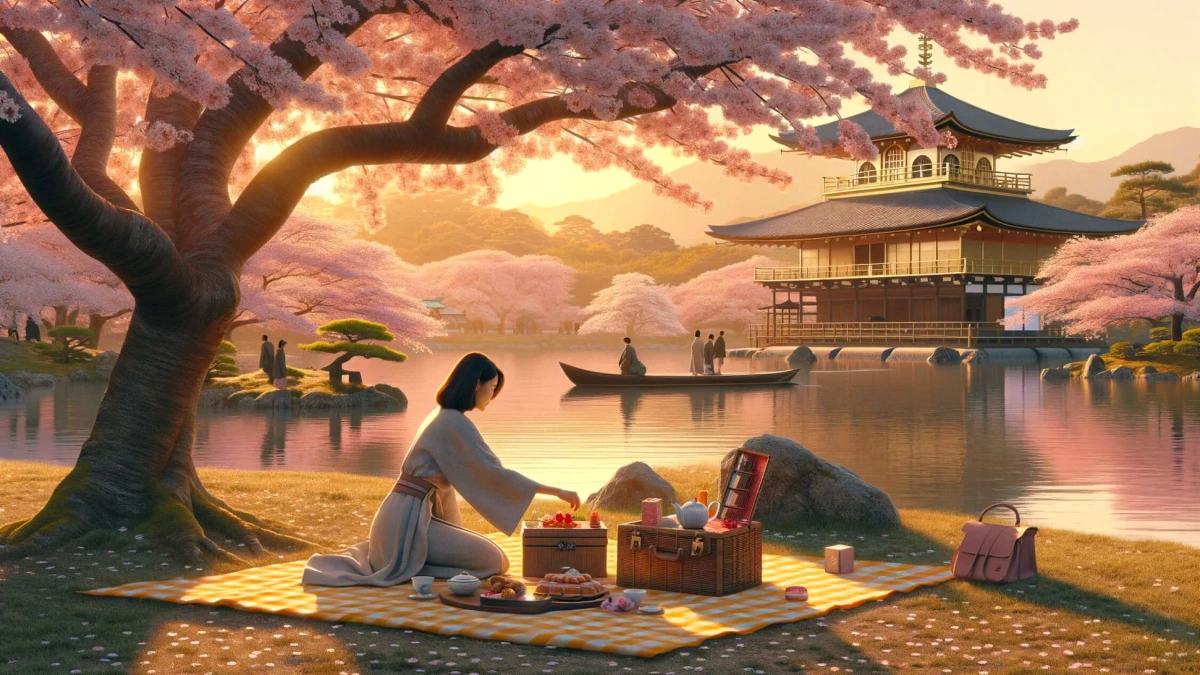 DALL-E 3 output sample showing a woman picnicking under cherry blossoms with a golden temple and lake in a photorealistic style.