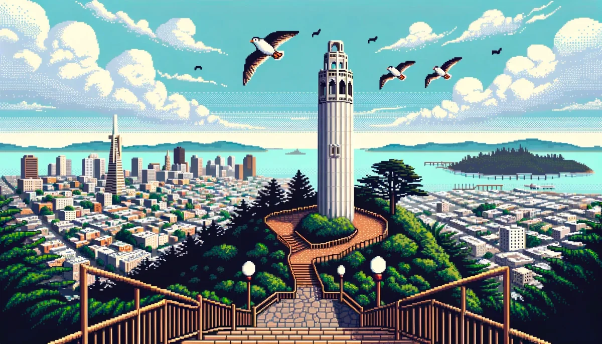DALL-E 3 generated pixel art of San Francisco featuring Coit Tower, cityscape, and Alcatraz Island with seagulls flying.