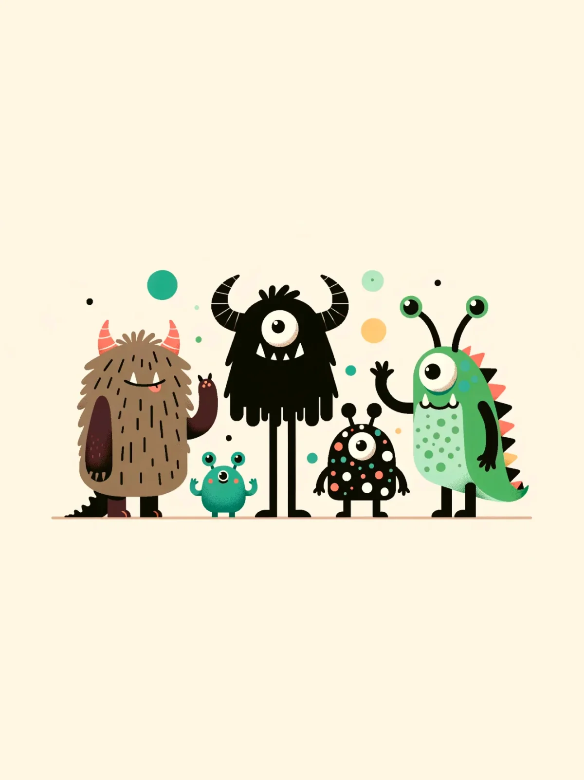 DALL-E 3 output sample showing a group of colorful, friendly monsters in a playful cartoon style on a cream background.