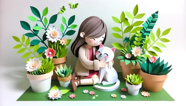 DALL-E 3 output sample showing a happy girl embracing a white cat in a vibrant papercraft garden scene.