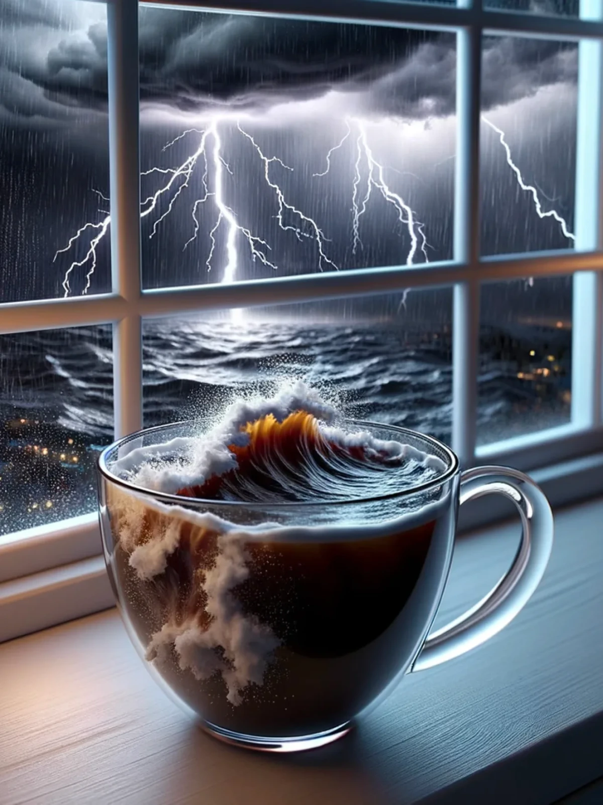 DALL-E 3 output sample showing a surreal stormy ocean view with lightning and a miniature crashing wave inside a coffee mug on a windowsill.