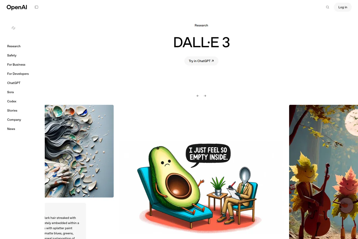 OpenAI DALL-E 3 product page showcasing diverse AI-generated images, including abstract broken ceramic art, a humorous avocado on a therapist's couch, and whimsical leaf characters playing instruments.