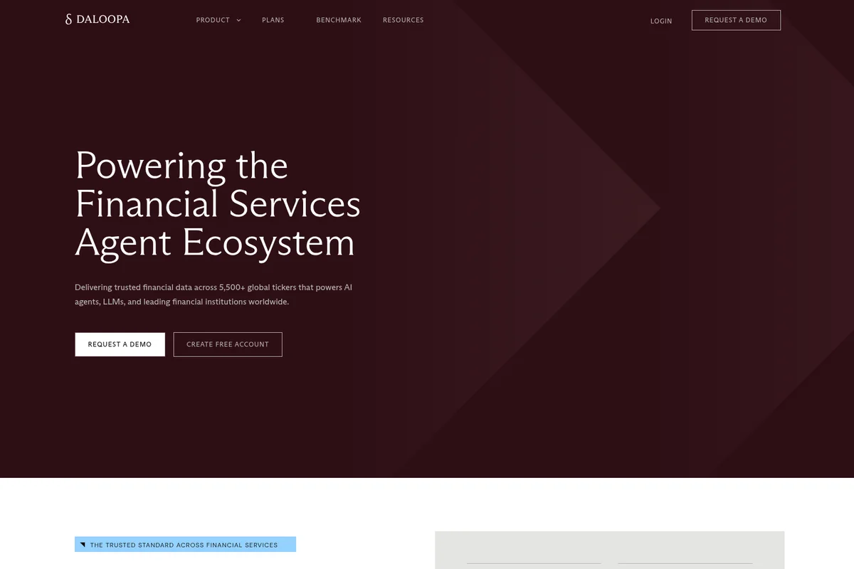 Daloopa landing hero showing the value proposition for financial services with a dark geometric design.