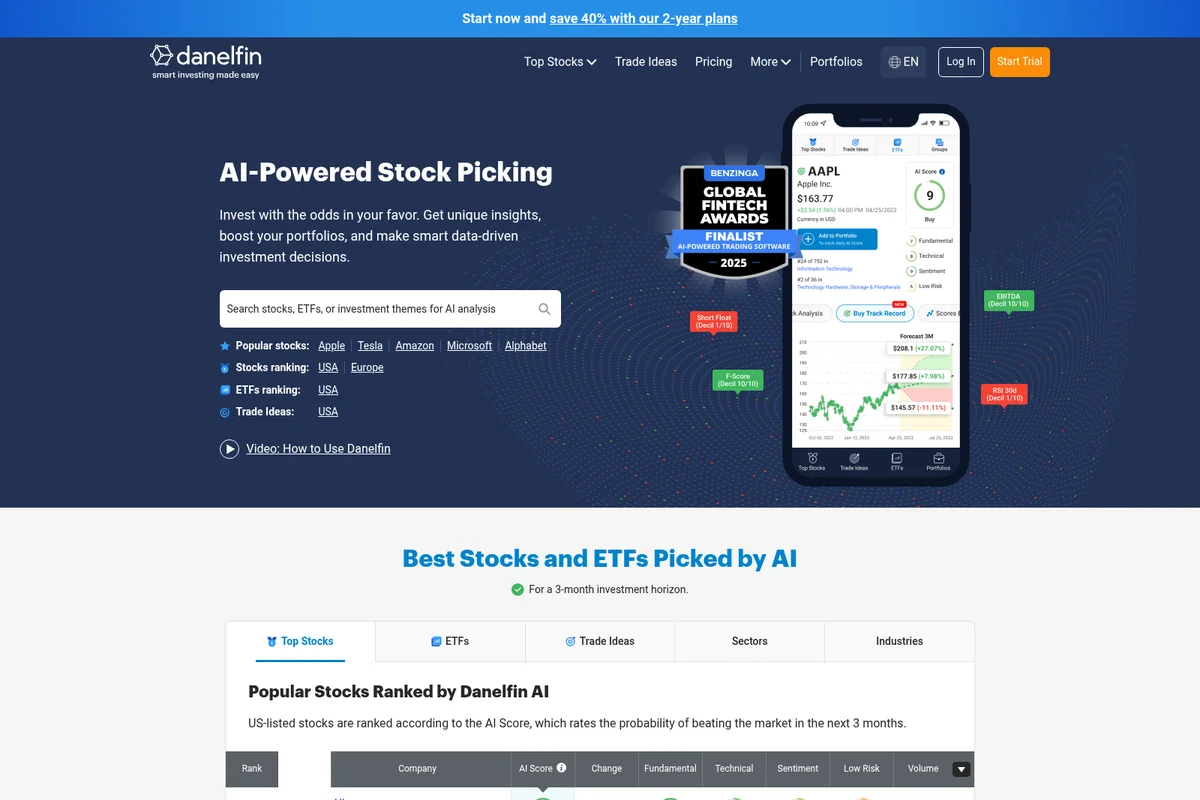 Danelfin homepage showcasing AI-powered stock picking and analysis with a prominent mobile app interface.