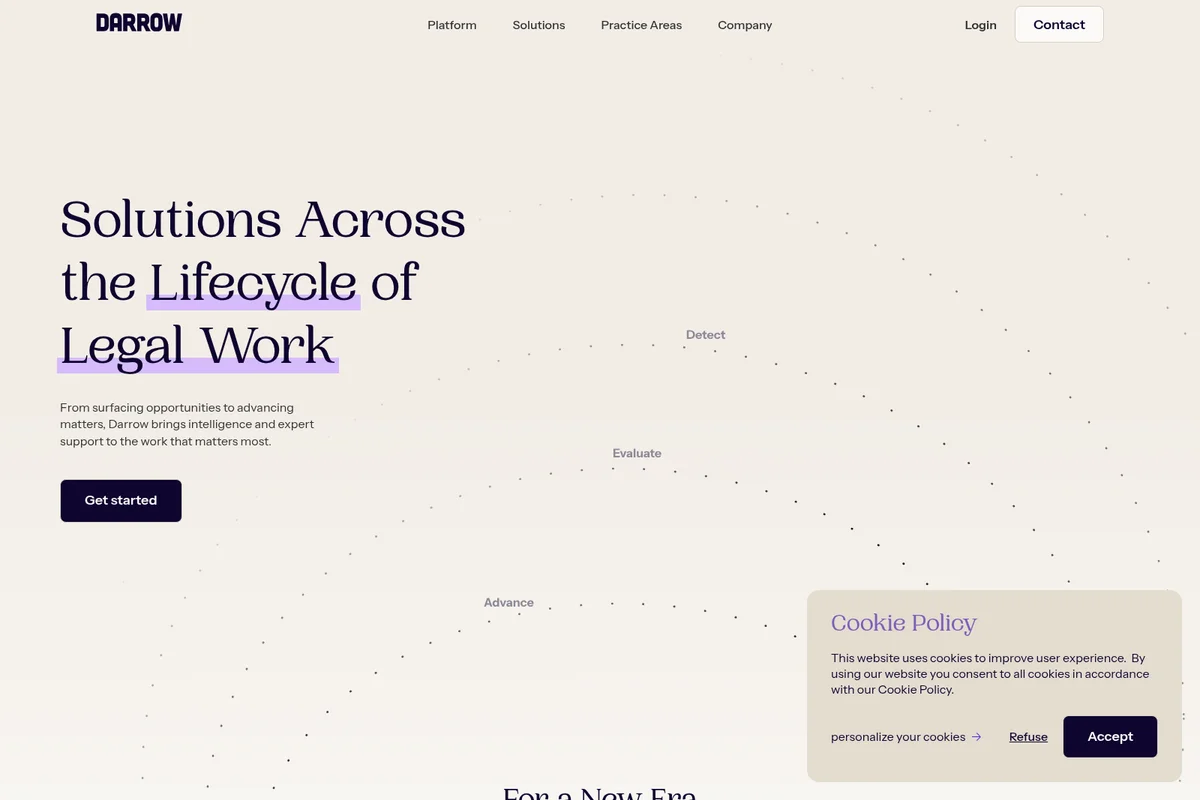 Darrow solutions page hero outlining the lifecycle of legal work with an abstract dotted diagram and modern typography.