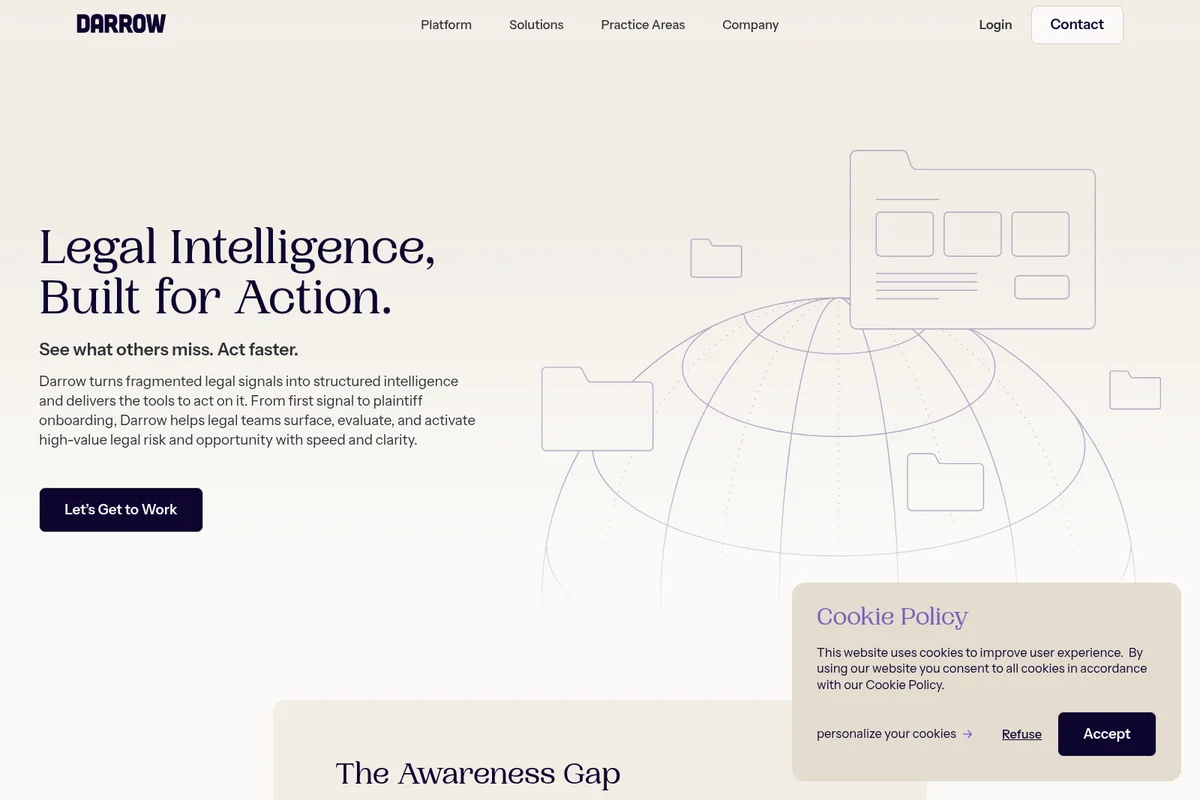 Darrow landing page hero promoting legal intelligence with abstract document and globe graphics on a clean, modern interface.