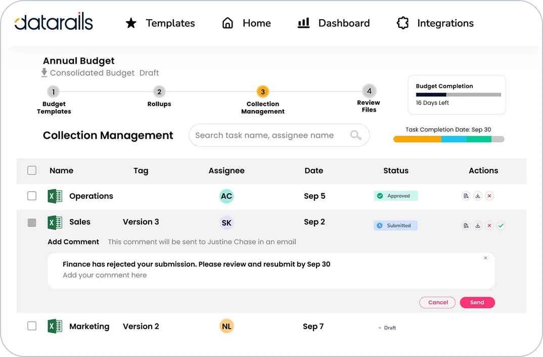 Datarails workspace showing budget collection management with a rejected submission and comment section in a clean light interface.