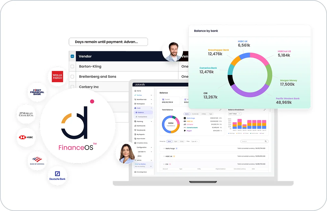 Datarails FinanceOS dashboard displaying centralized bank balances and vendor payment management with a modern, data-rich interface.