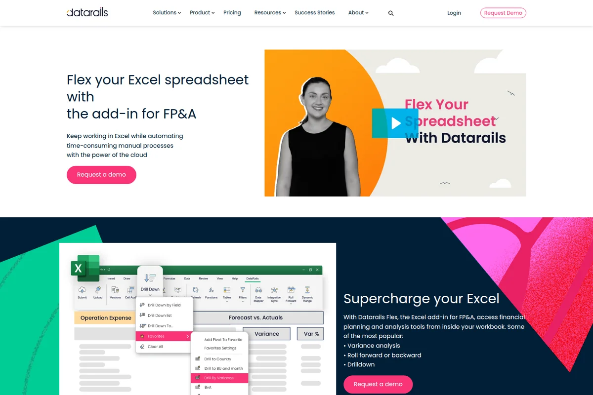 Datarails Excel add-in showing 'Drill Down' menu for financial planning and analysis (FP&A) with a modern, clean interface.