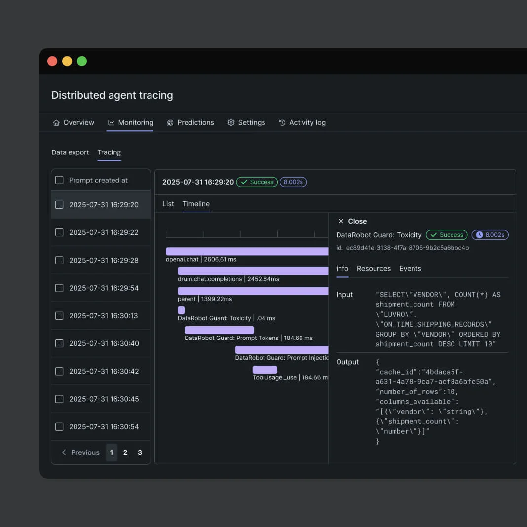 DataRobot distributed agent tracing workspace showing event timelines, input SQL, and output JSON for AI agent operations in a dark-mode interface.
