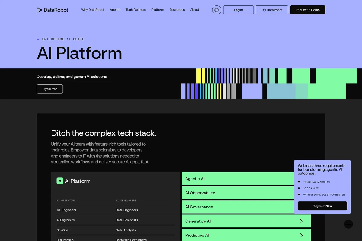 DataRobot AI Platform page showcasing core capabilities like Agentic AI, Generative AI, and AI Observability with a modern, dark-themed interface.