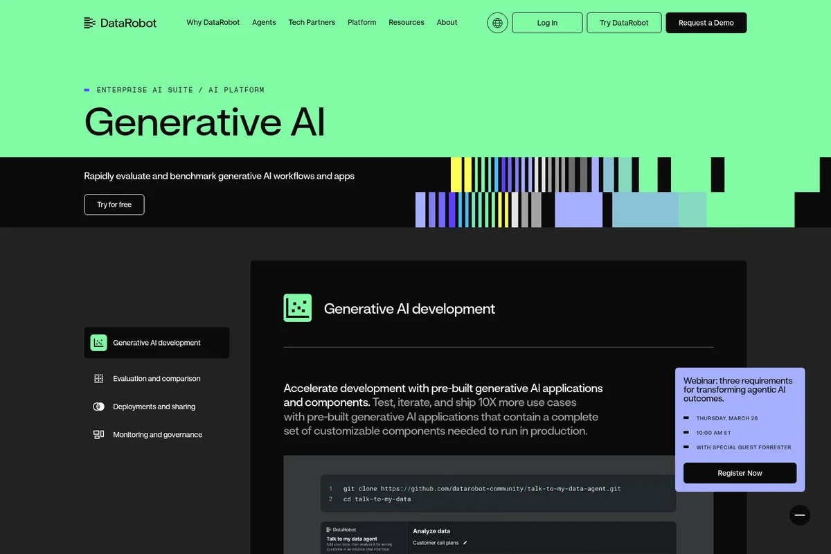 DataRobot Generative AI platform showcasing development tools and pre-built applications with a modern dark theme interface.