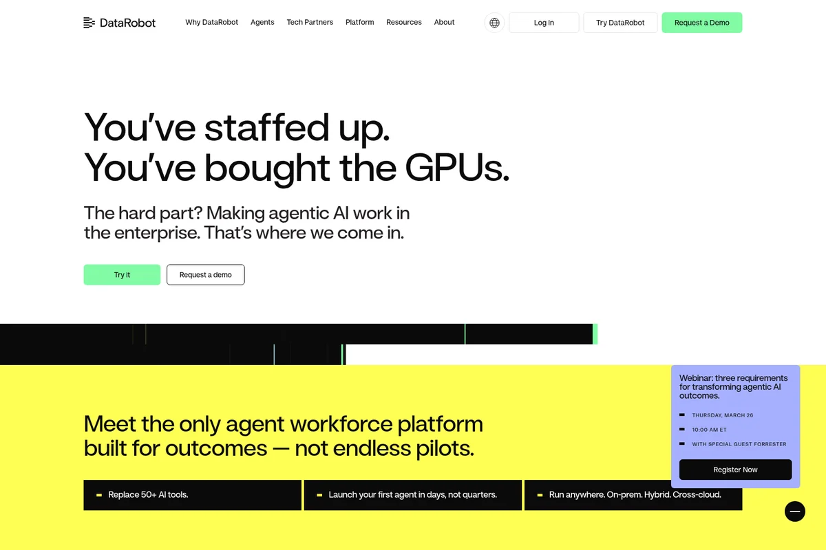 DataRobot homepage promoting its agentic AI platform with a modern, clean design and clear calls to action.