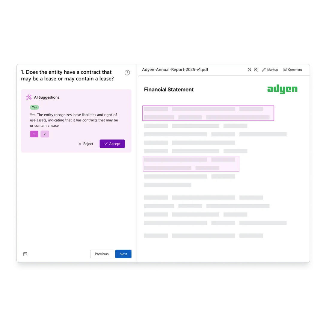 Datasnipper workspace UI showing AI document analysis and suggestion for lease contracts with a clean light theme.