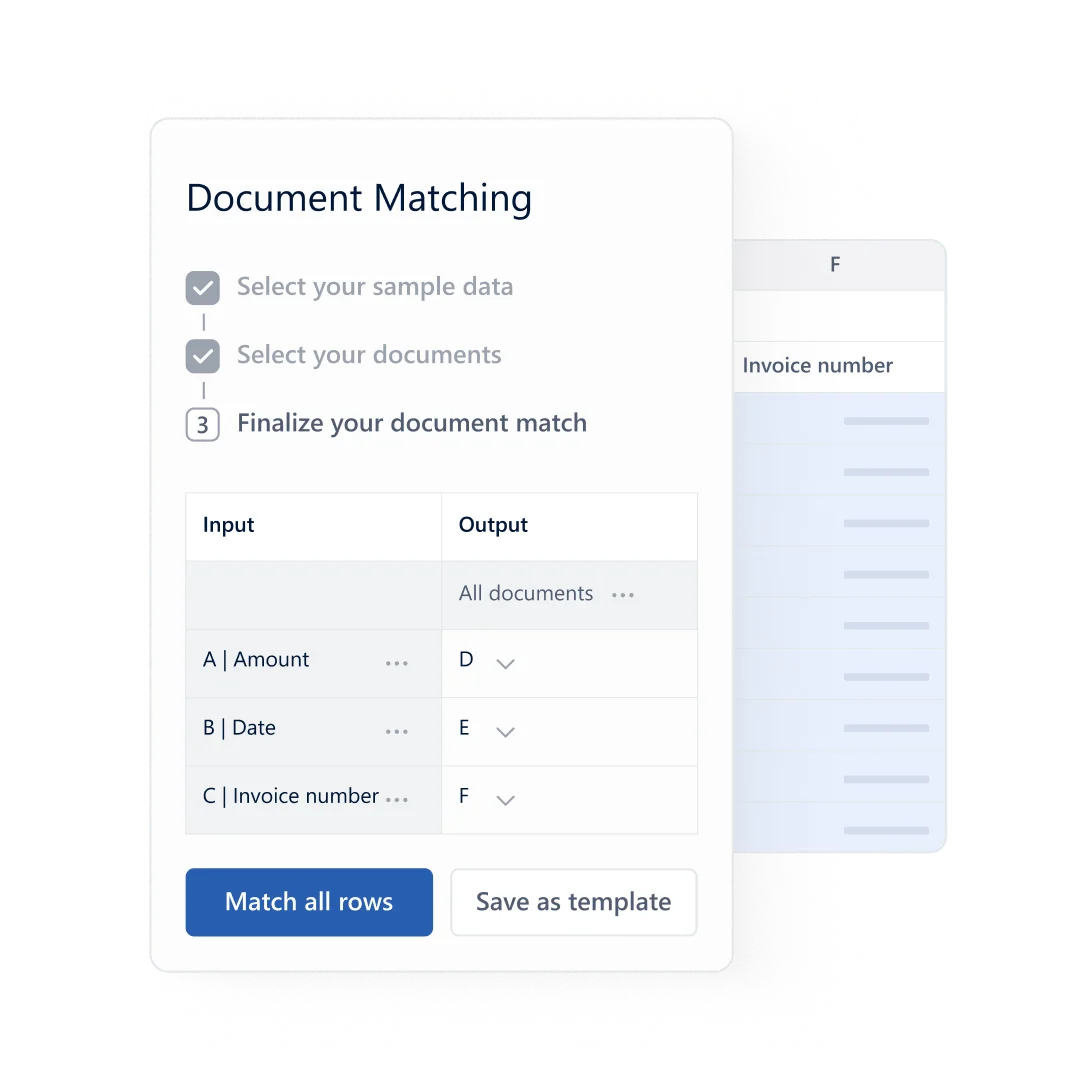 Datasnipper document matching workflow showing input and output field mapping in a clean, light-themed interface.