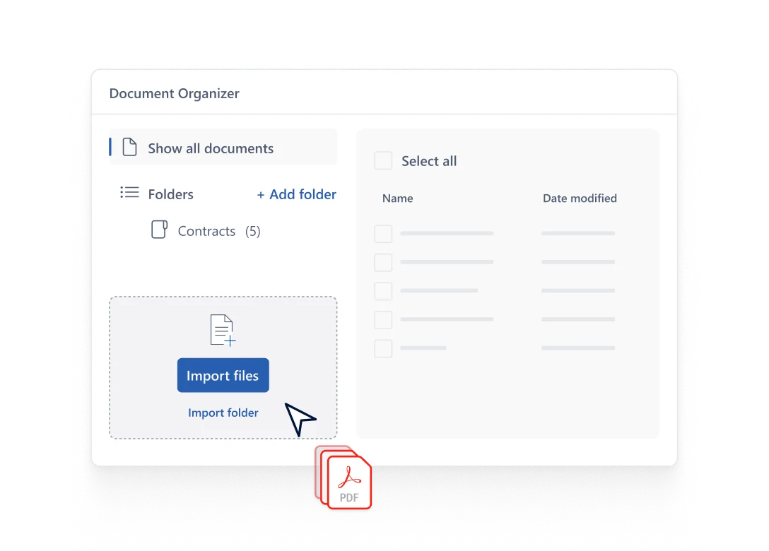 Datasnipper's Document Organizer workspace showing intuitive options to import files and folders, alongside a sidebar listing existing contracts, all within a modern, clean UI.