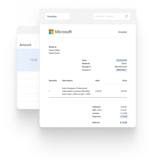 DataSnipper workspace UI displaying a Microsoft invoice with itemized details and totals within a clean, modern interface.