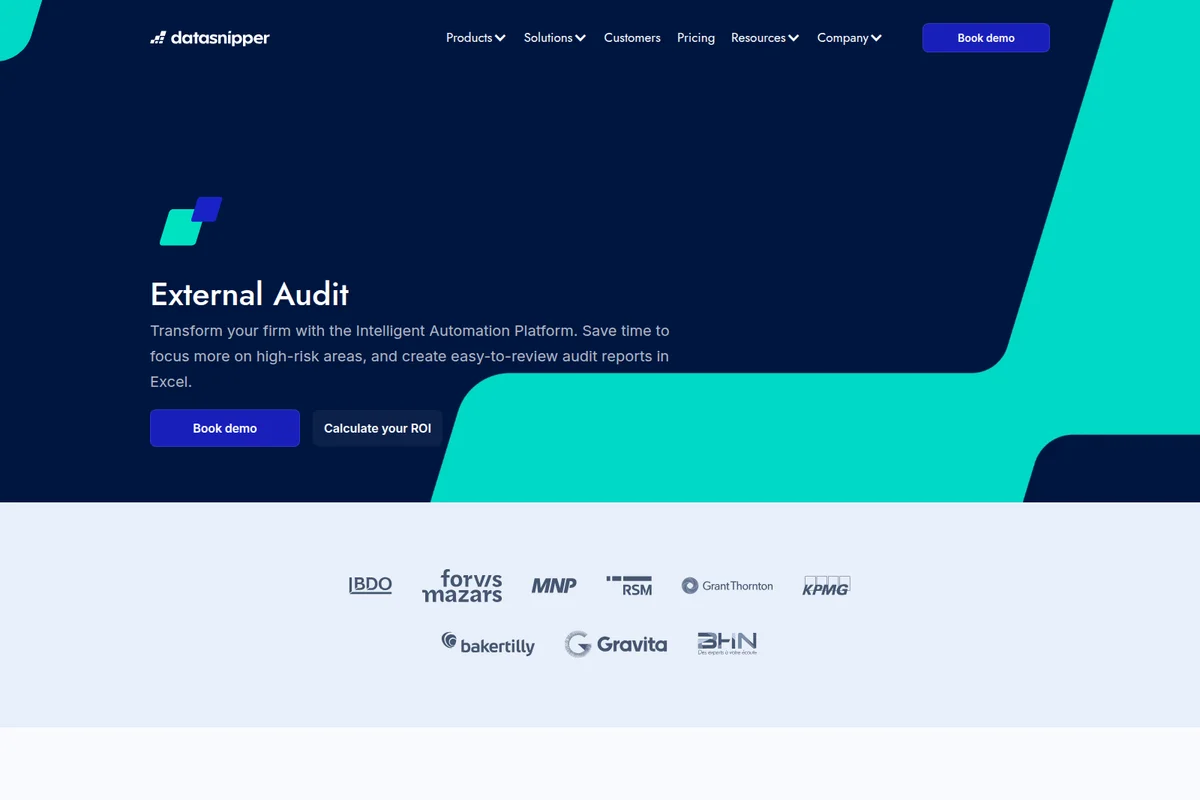 DataSnipper External Audit landing page showing the value proposition of intelligent automation with a modern dark-blue hero and partner logos.