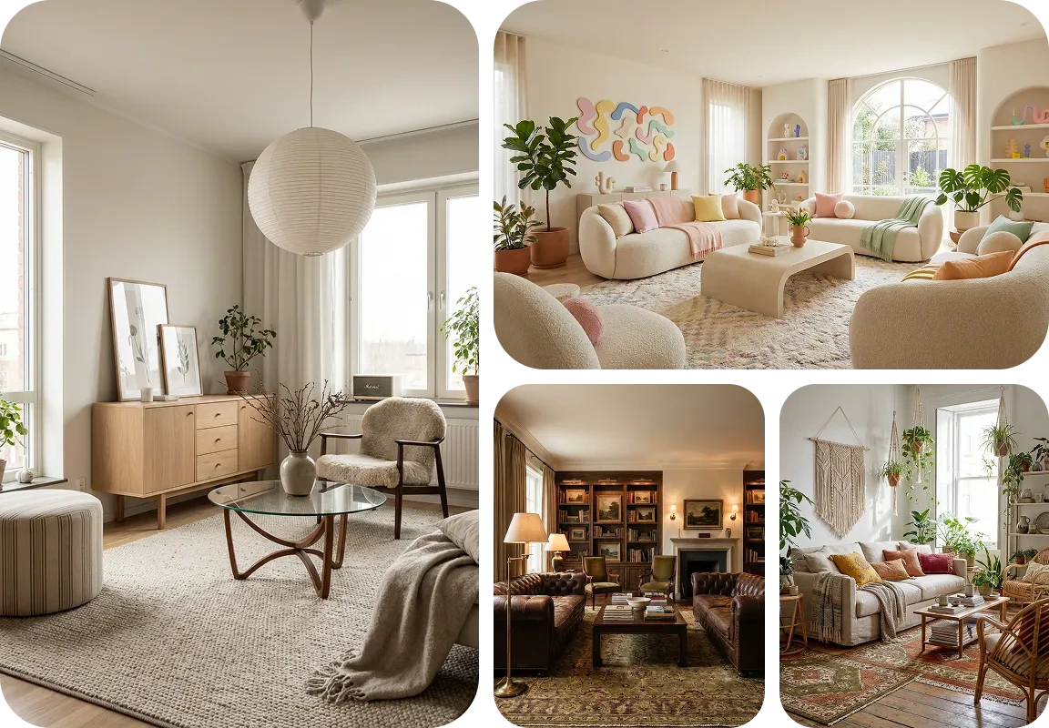 Decai output sample showing a gallery of diverse living room interior designs with varied aesthetics.