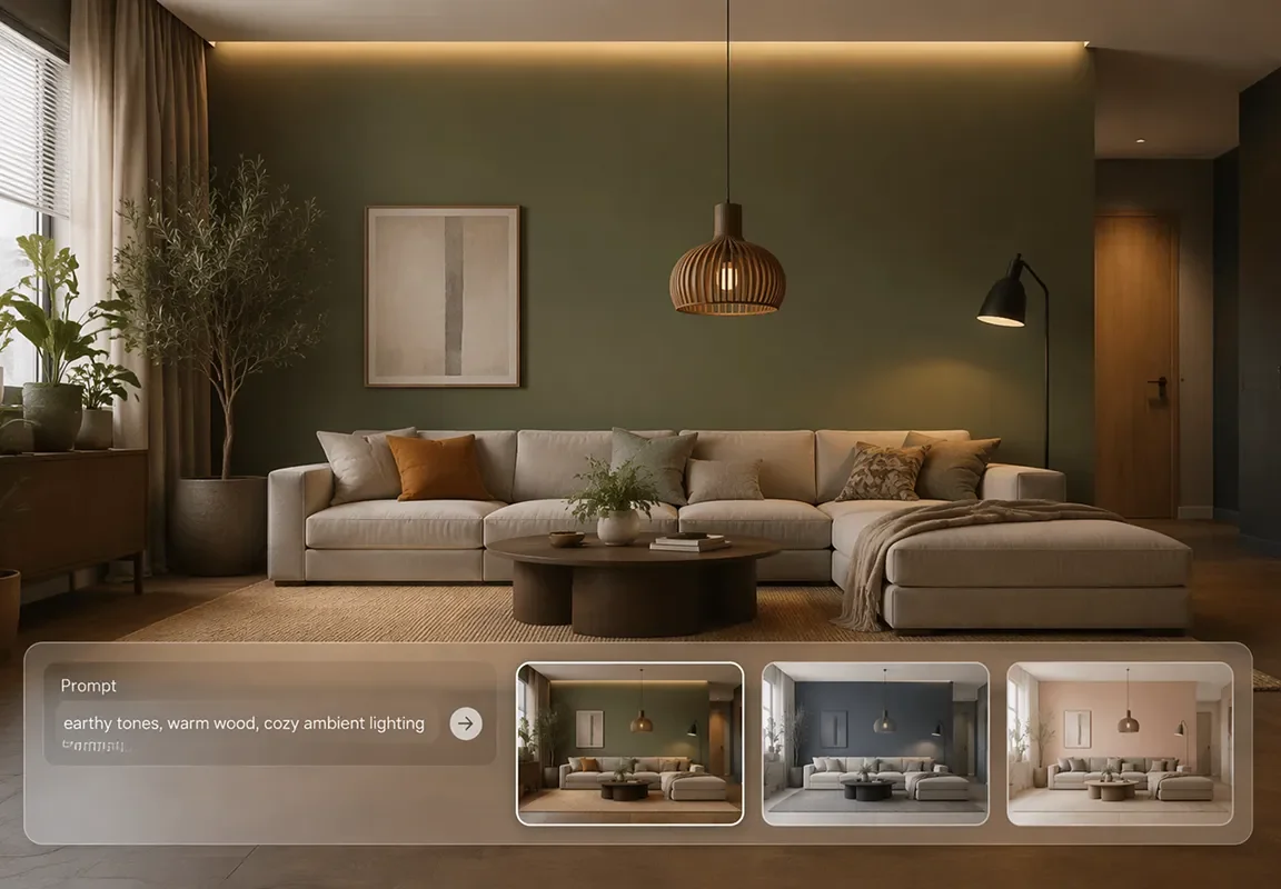 Decai interior design workspace showing AI-generated room variations from a text prompt with a minimalist clean interface.