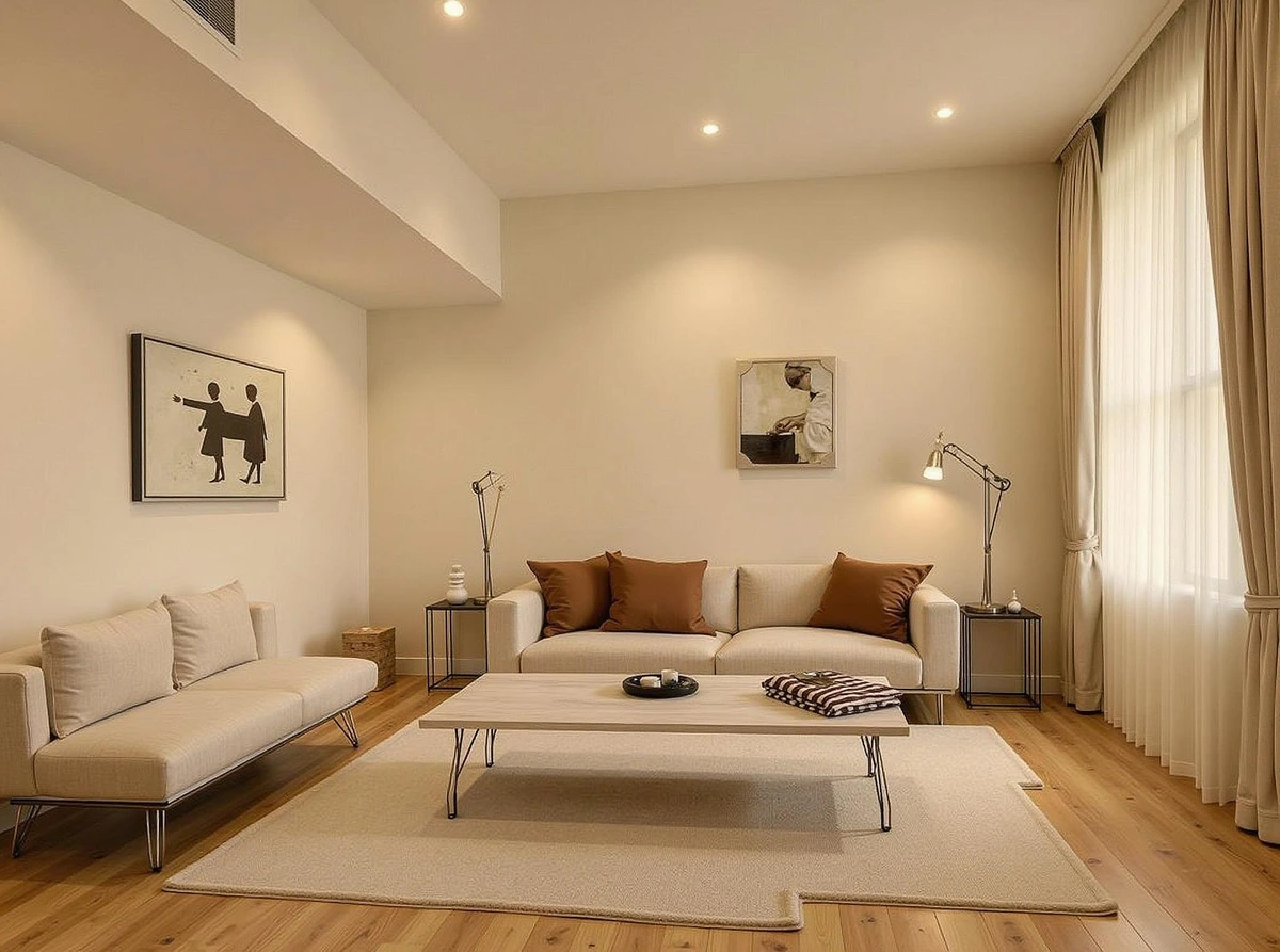 Decai output sample showing a modern living room interior with a minimalist aesthetic, featuring light-colored furniture and warm lighting.