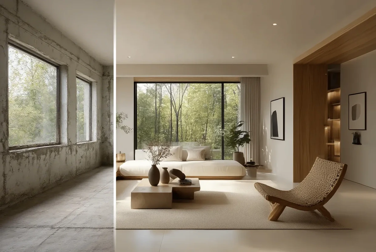 Decai output sample showing a dramatic before-and-after transformation of a raw concrete room into a modern, minimalist living space.