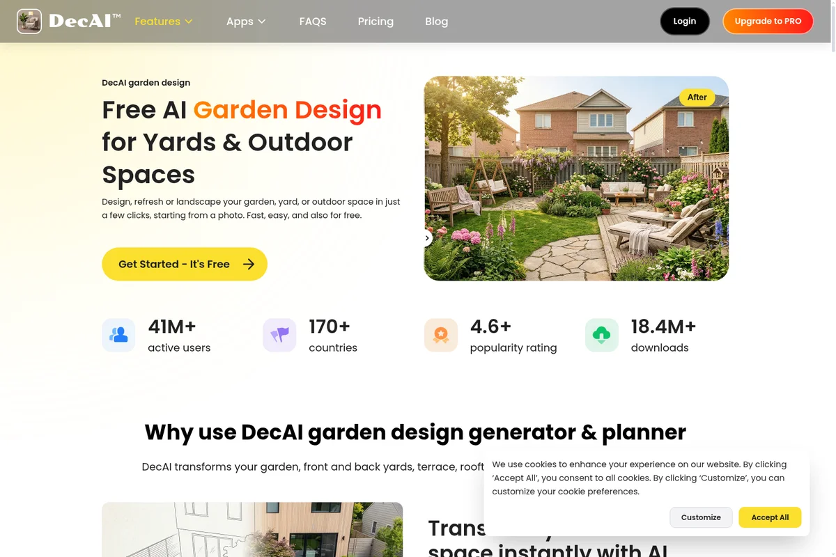 DecAI landing page showcasing a transformed backyard garden designed by AI, with a clear 'Get Started' call to action.