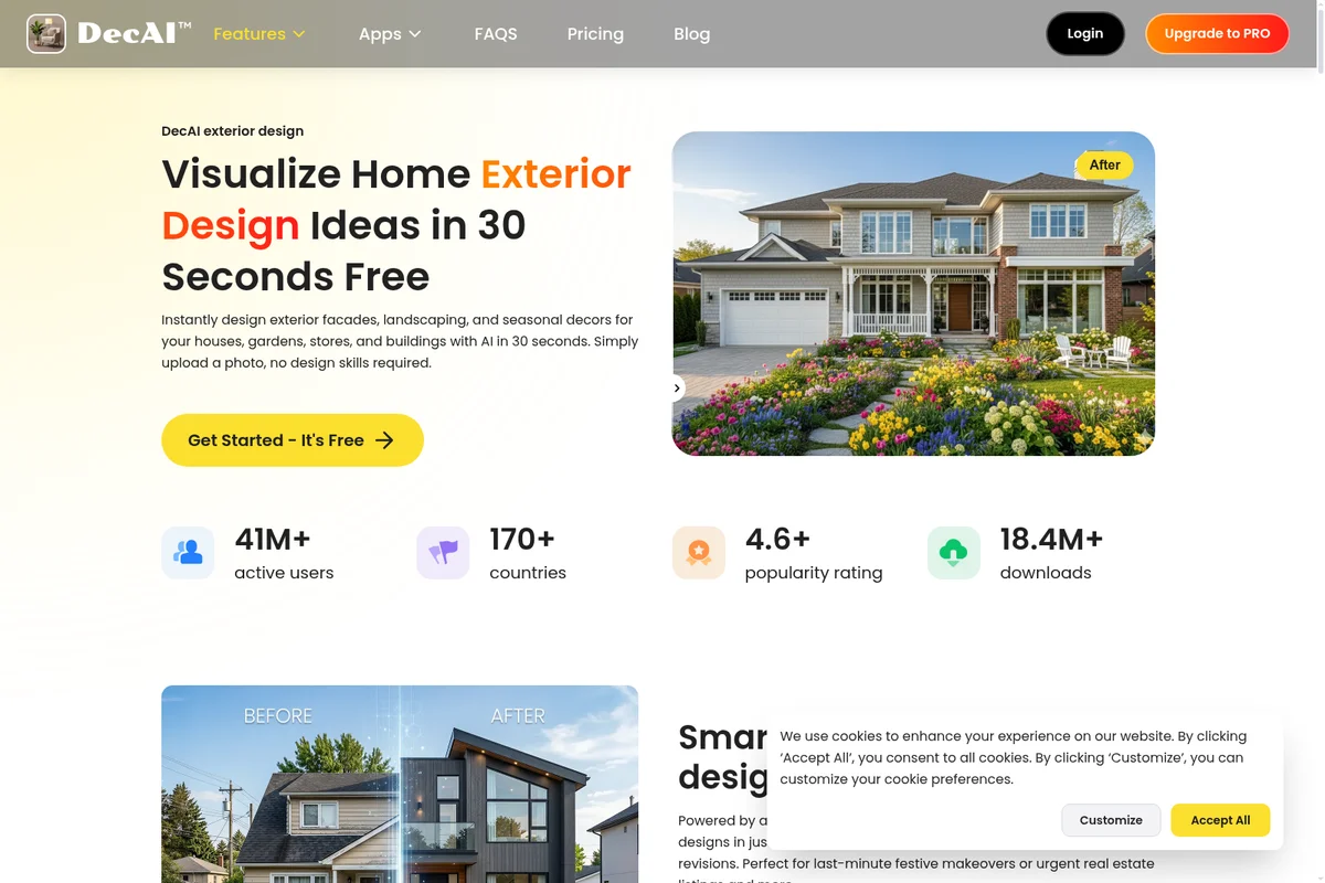 DecAI landing page showcasing a beautifully transformed home exterior with vibrant landscaping and AI-powered design ideas.