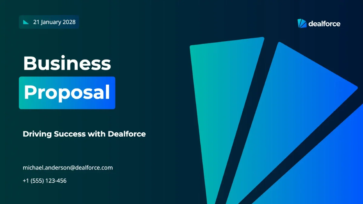Decktopus generated business proposal slide featuring a modern dark theme and 'Driving Success with Dealforce' motto.
