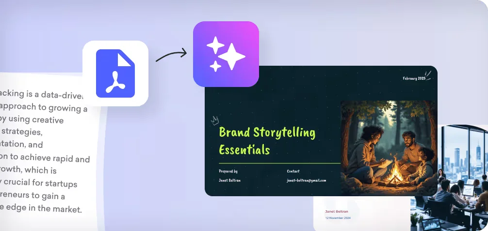 Decktopus feature-deep-dive showing document conversion to an AI-generated 'Brand Storytelling Essentials' presentation with a modern, mixed-theme design.