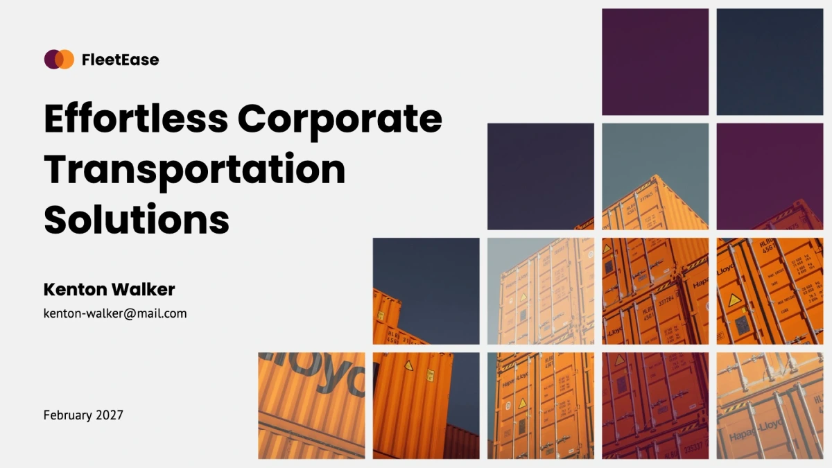 Decktopus presentation slide for FleetEase showing corporate transportation solutions with modern design and shipping container graphics.