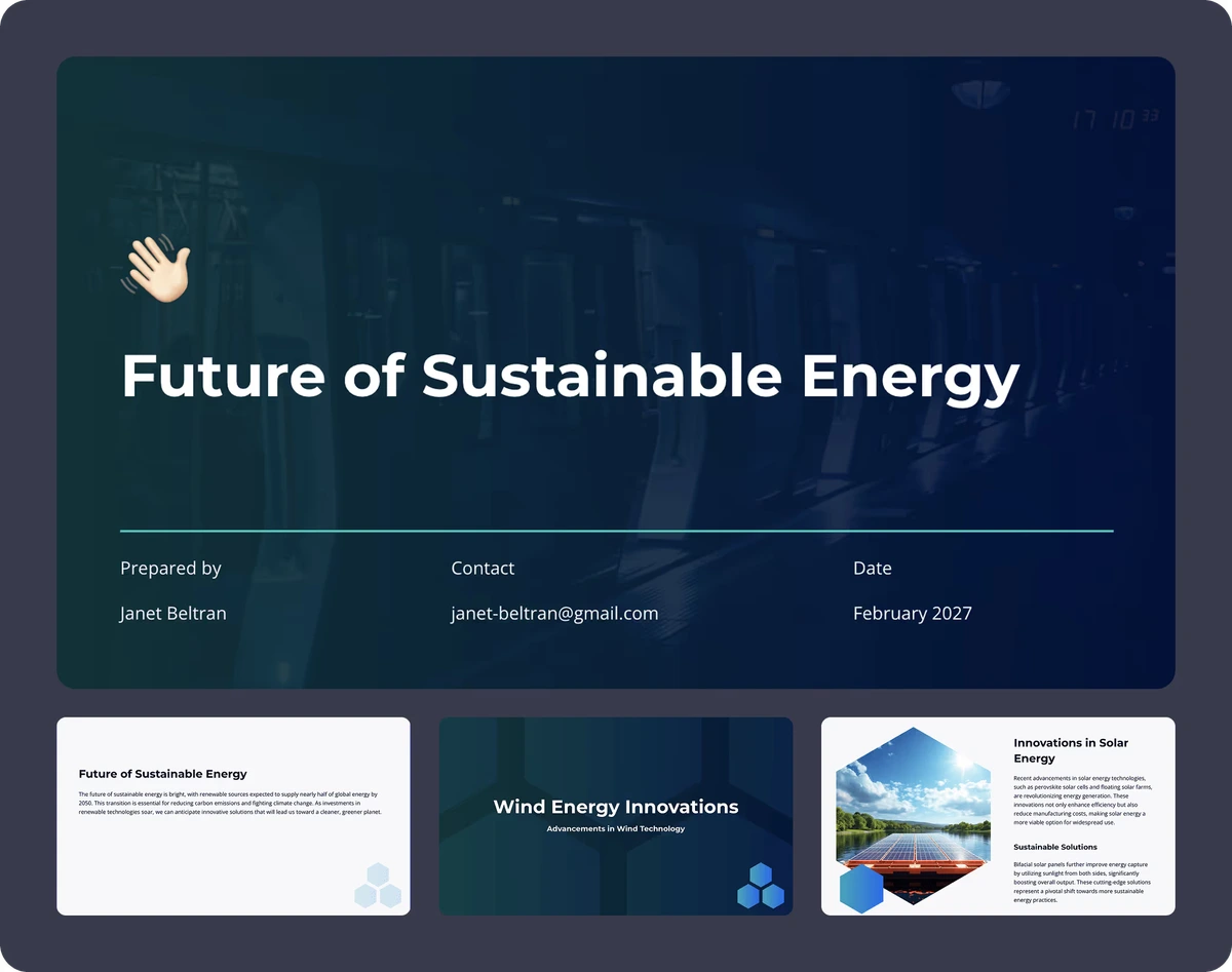 Decktopus presentation output showing a 'Future of Sustainable Energy' slide with a modern dark theme and supporting thumbnails.
