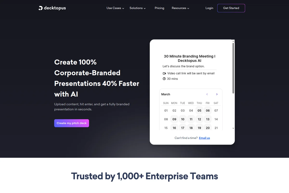 Decktopus landing page hero section highlighting AI-powered presentation creation benefits and a meeting scheduling widget with a modern dark theme.