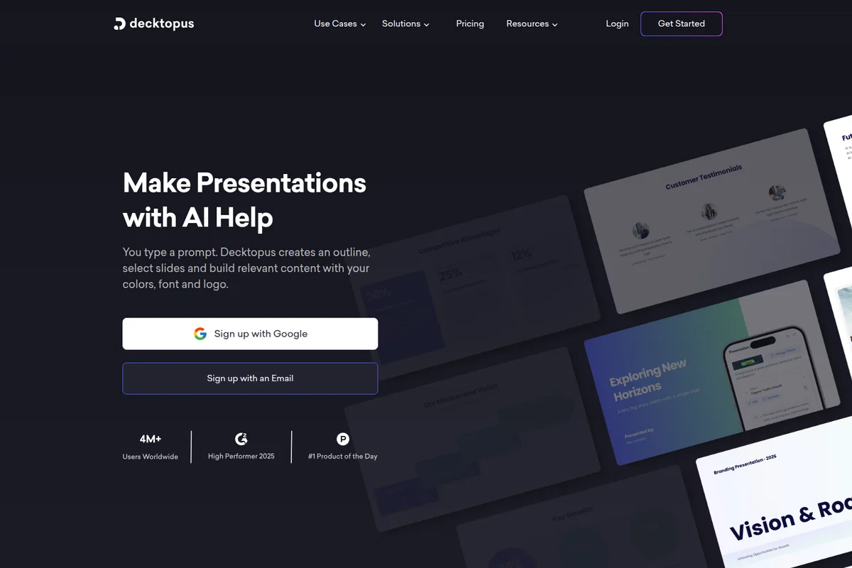 Decktopus landing page hero showcasing AI-generated presentation slides and sign-up options with a modern dark theme.