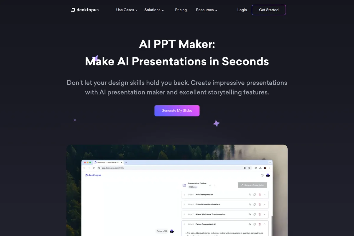 Decktopus AI PPT Maker landing page showing an AI presentation outline builder in a dark-themed hero section with an embedded light-themed workspace.